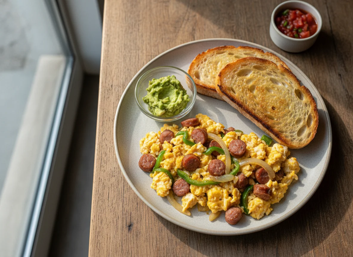 Huevos revueltos con salchicha y tostadas photo