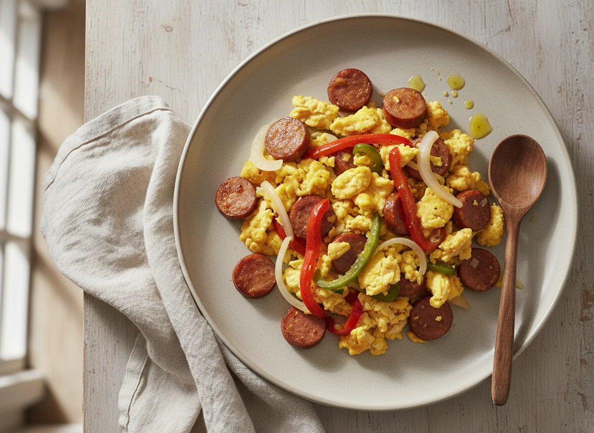 Huevos revueltos con salchicha y verduras photo