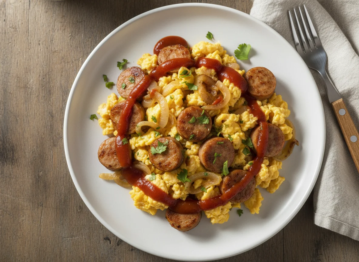 Huevos revueltos con salchichas y cebolla photo