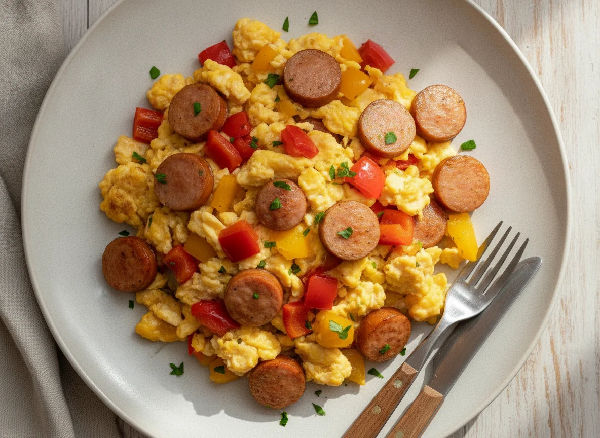 Huevos revueltos con salchichas y pimientos photo