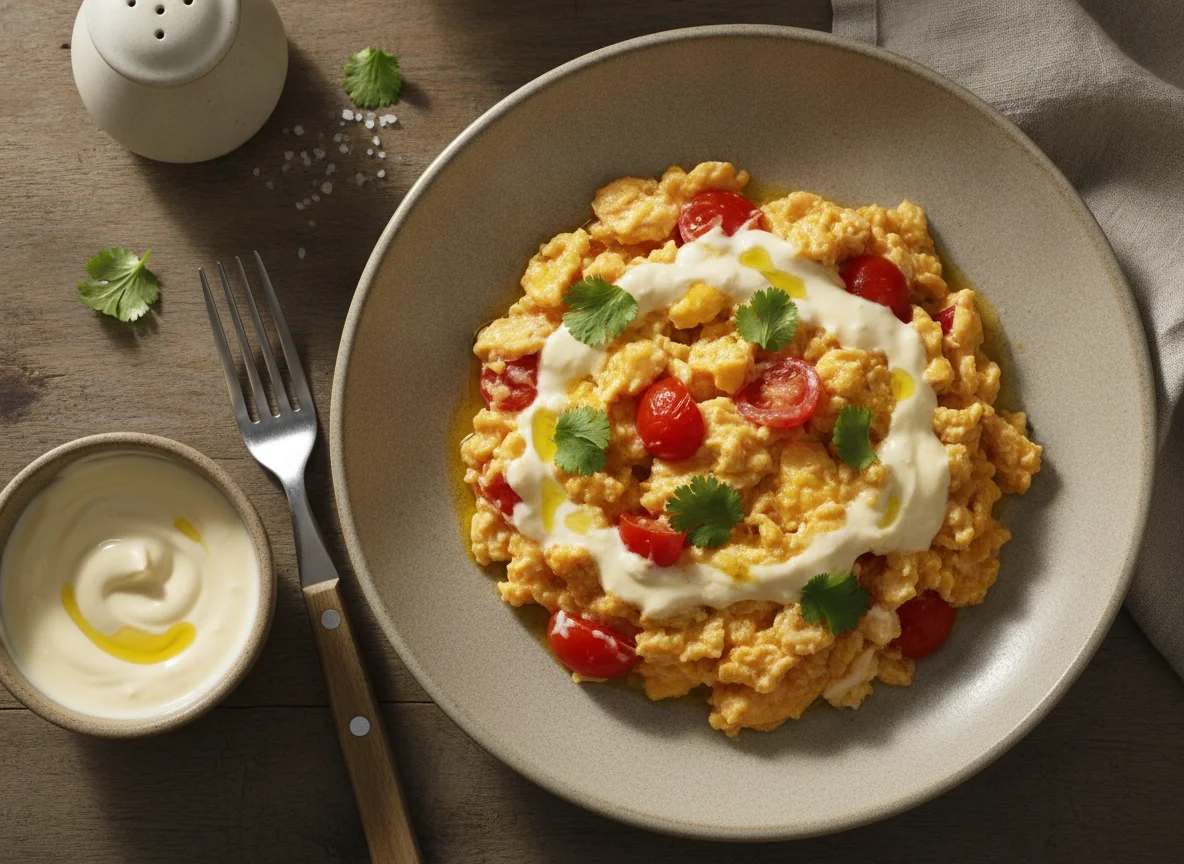 Huevos revueltos con salsa cremosa photo