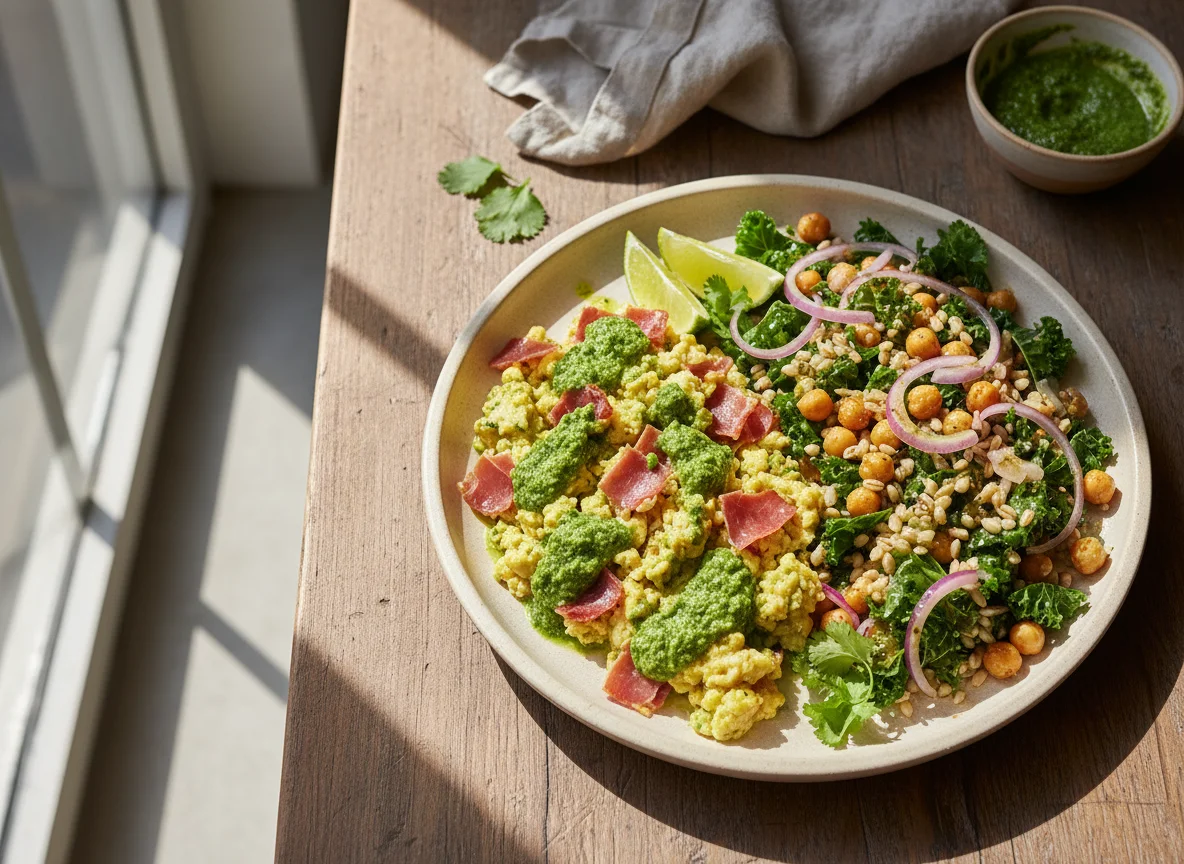 Huevos revueltos con salsa verde y ensalada de farro y col rizada photo