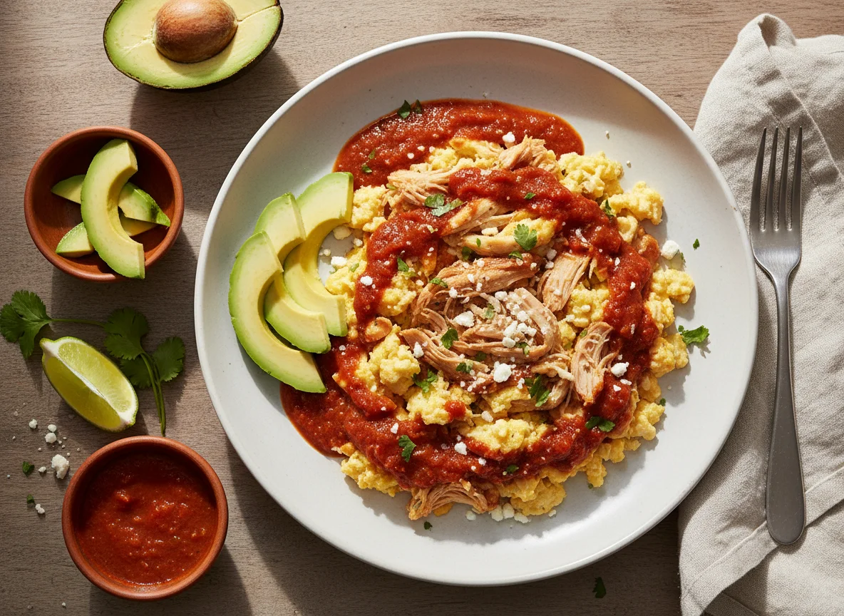 Huevos revueltos con salsa y aguacate photo