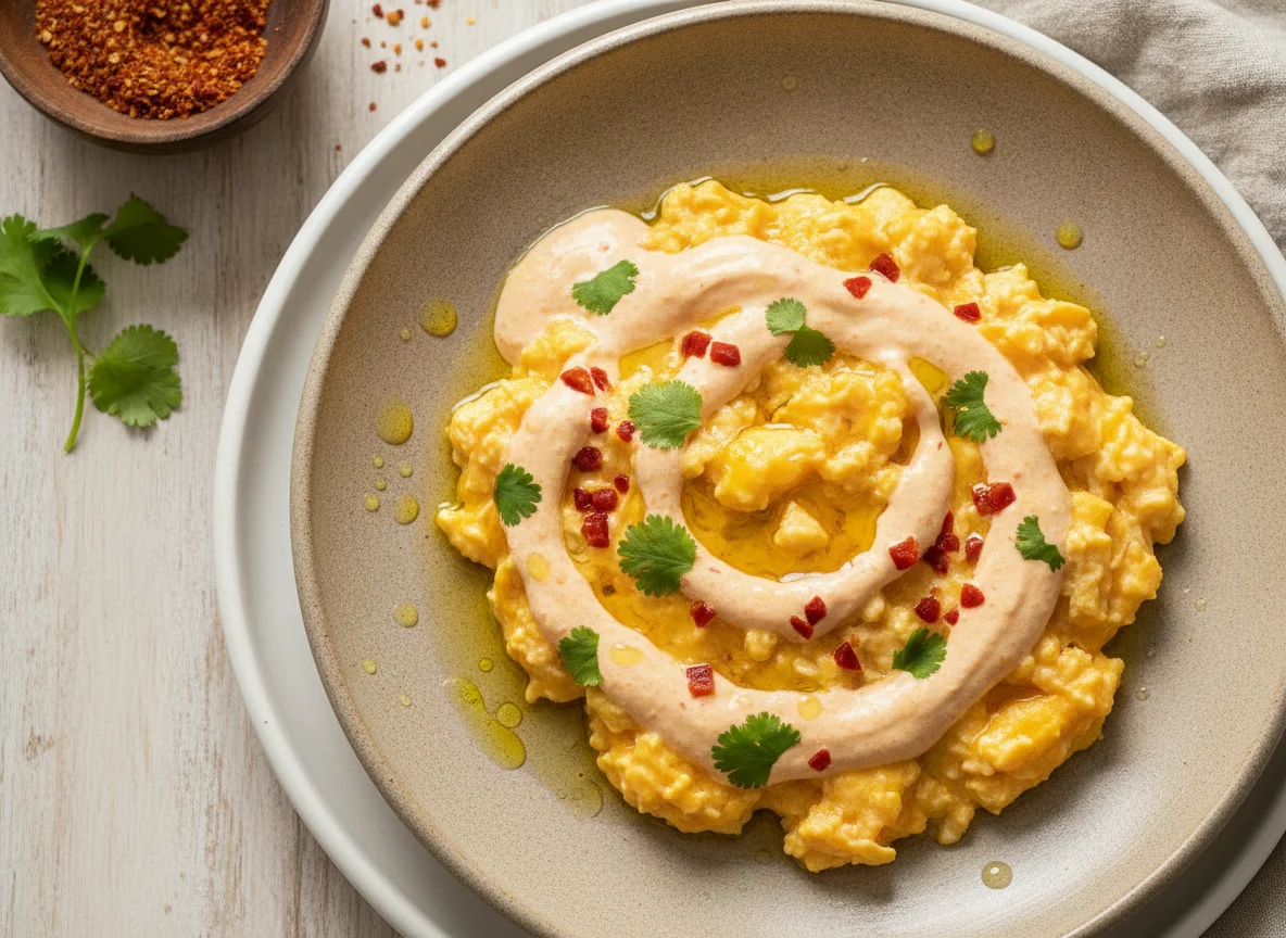 Huevos revueltos con salsa photo