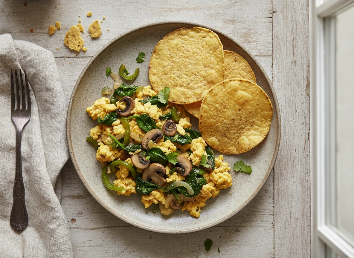 Huevos revueltos con salteado de verduras y tostadas photo