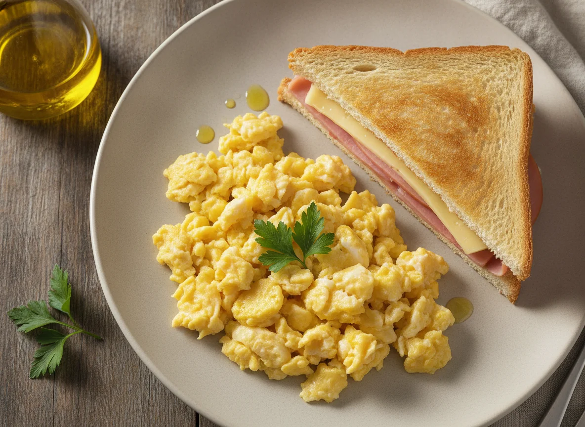 Huevos revueltos con sándwich de jamón y queso photo