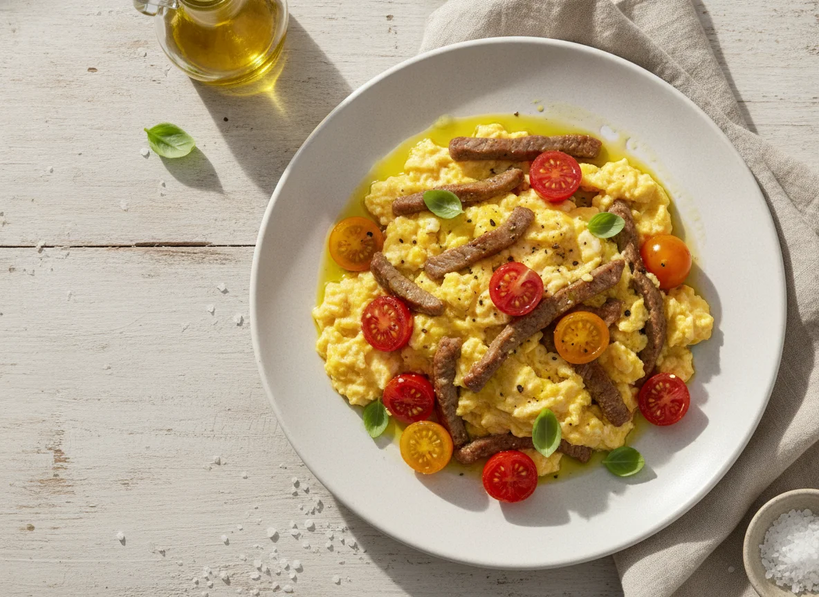 Huevos revueltos con ternera y tomate photo