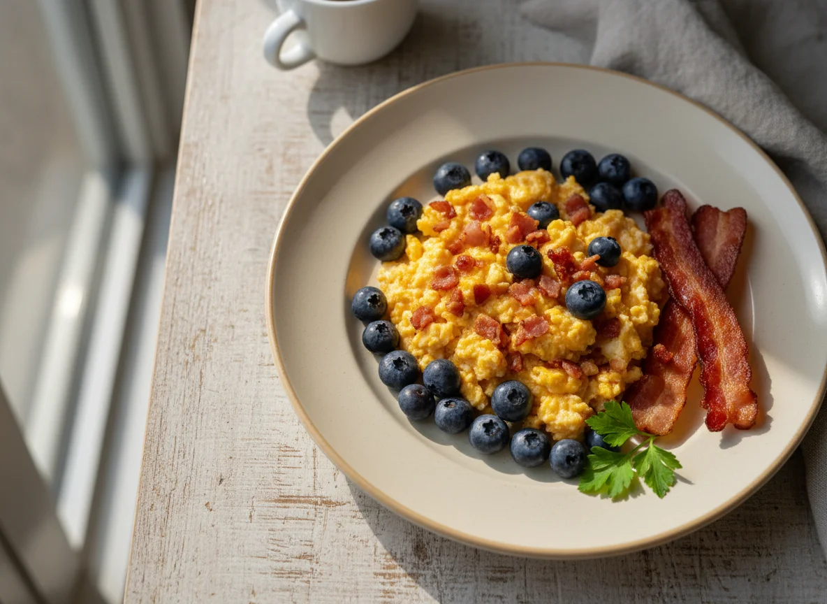 Huevos revueltos con tocino y arándanos photo
