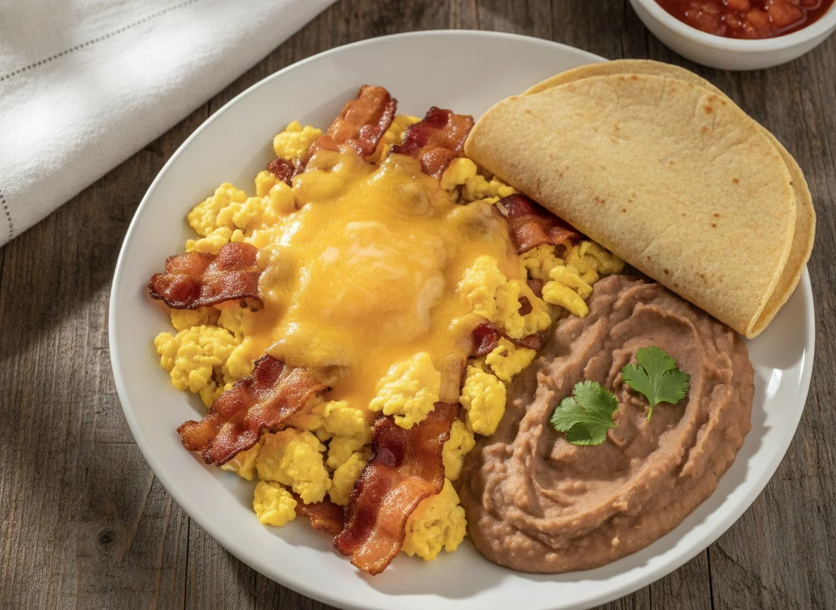 Huevos revueltos con tocino y frijoles refritos photo