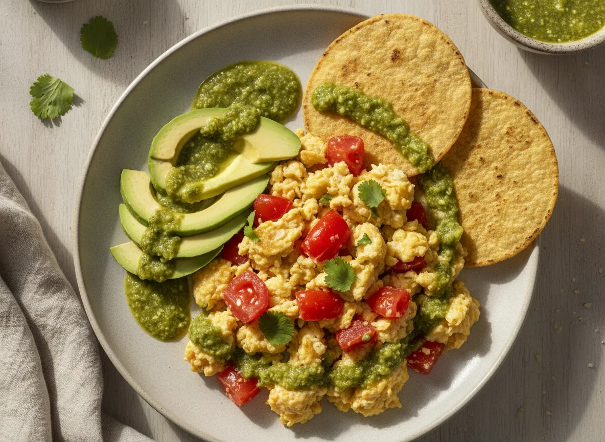 Huevos revueltos con tomate, aguacate y salsa verde photo