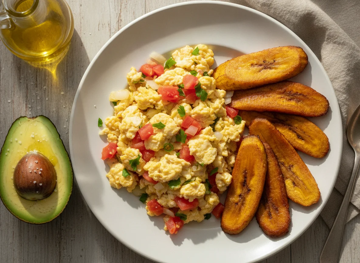 Huevos revueltos con tomate, cebolla, plátano frito y aguacate photo