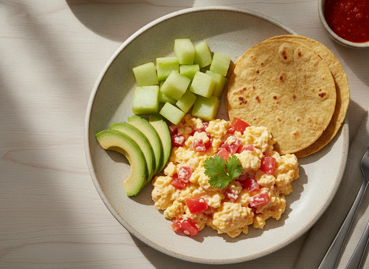 Huevos revueltos con tomate, chayote, aguacate y tortilla photo