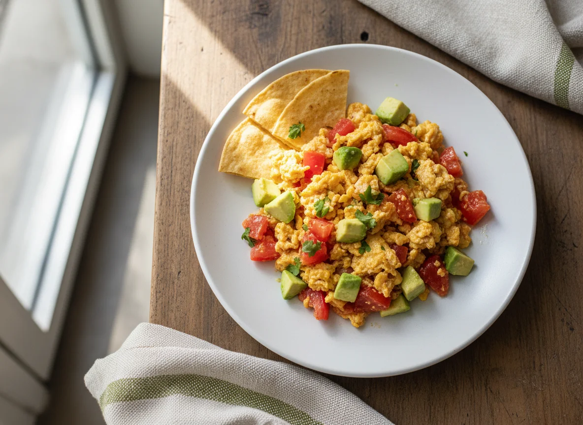 Huevos revueltos con tomate y aguacate photo