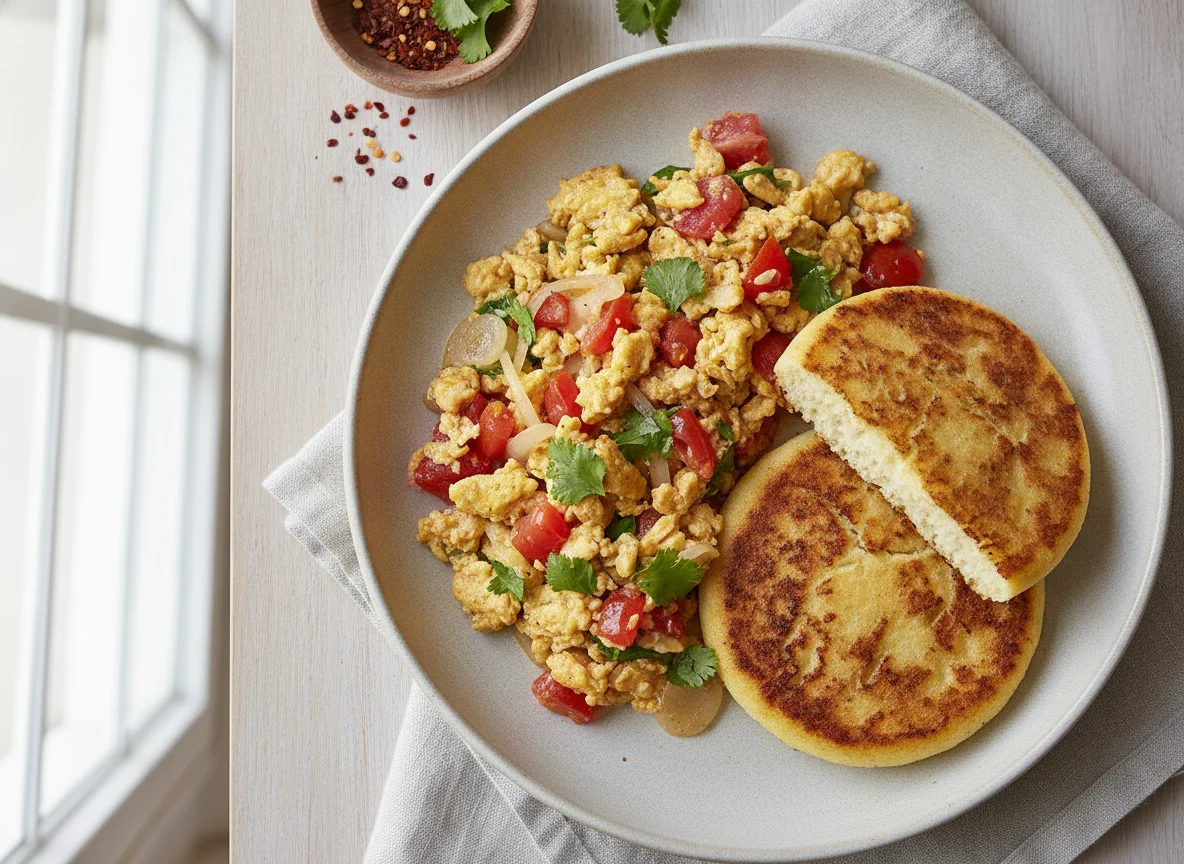Huevos revueltos con tomate y cebolla con arepa photo