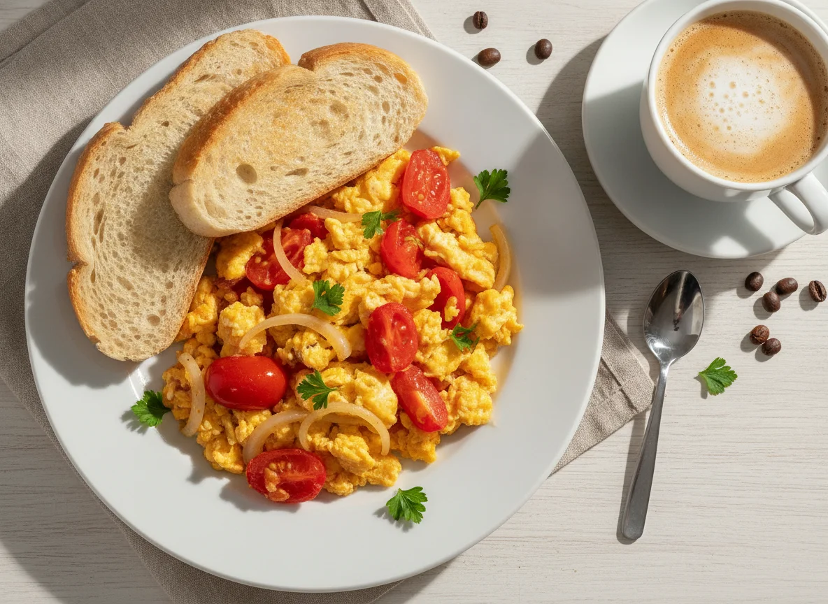 Huevos revueltos con tomate y cebolla, pan blanco y café con leche photo