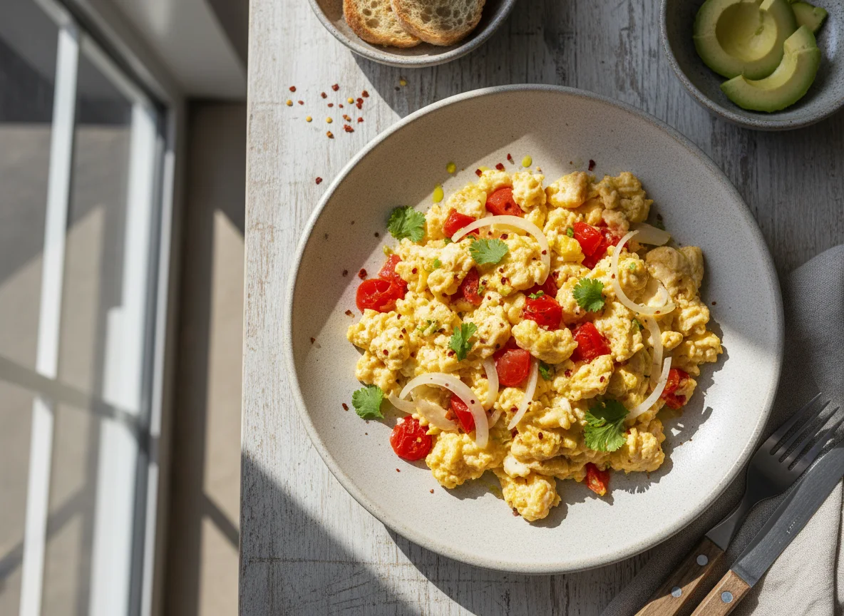 Huevos revueltos con tomate y cebolla photo