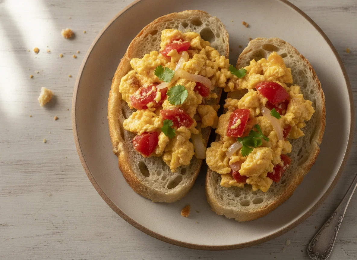 Huevos revueltos con tomate y cebolla sobre pan amasado photo