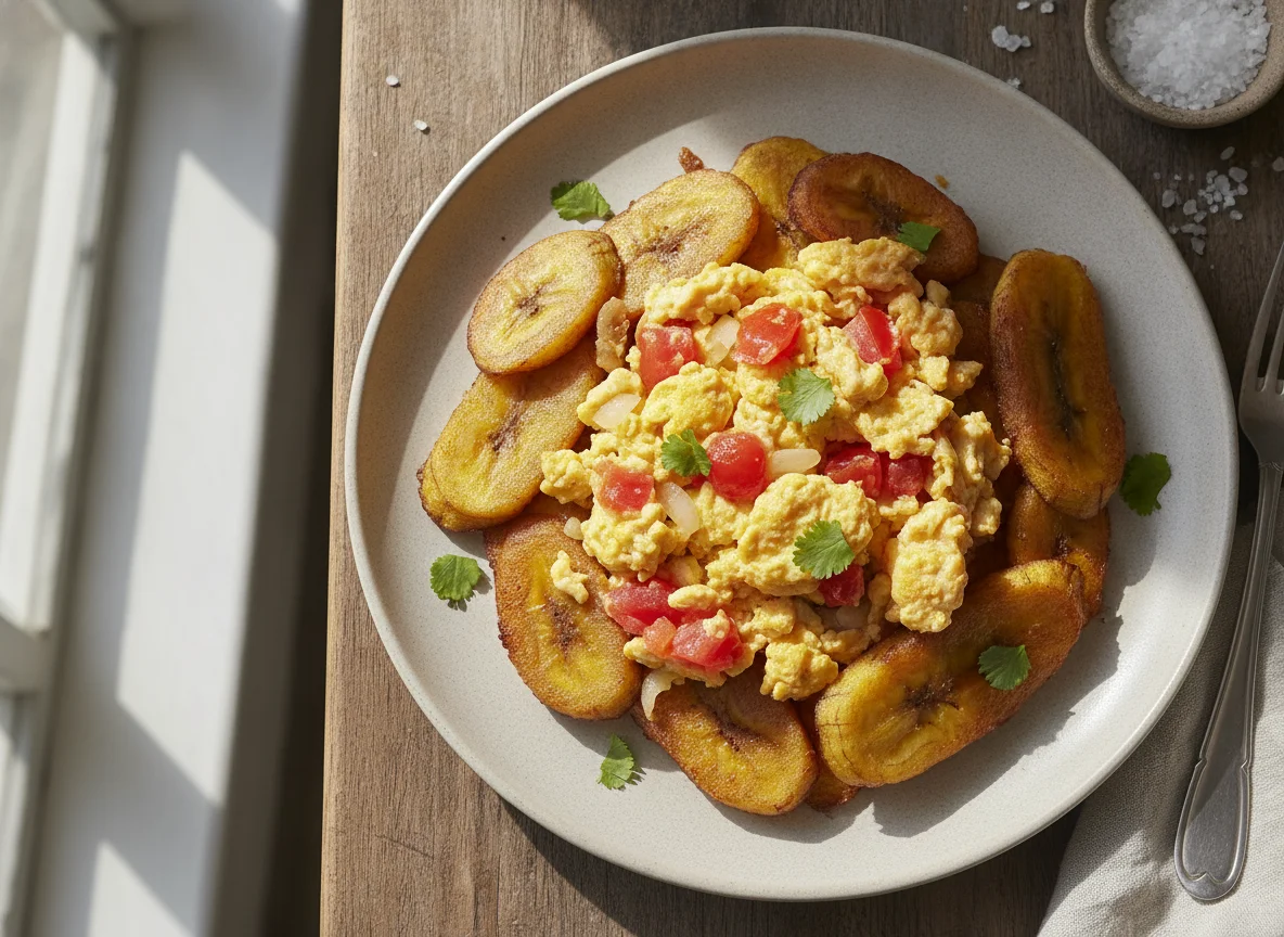 Huevos revueltos con tomate y cebolla sobre plátano frito photo