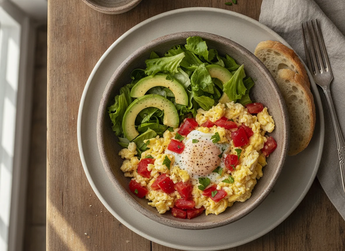 Huevos revueltos con tomate y ensalada de lechuga y palta photo