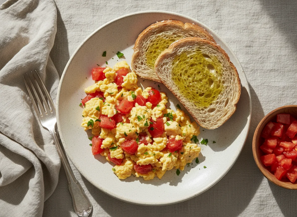Huevos revueltos con tomate y pan integral photo