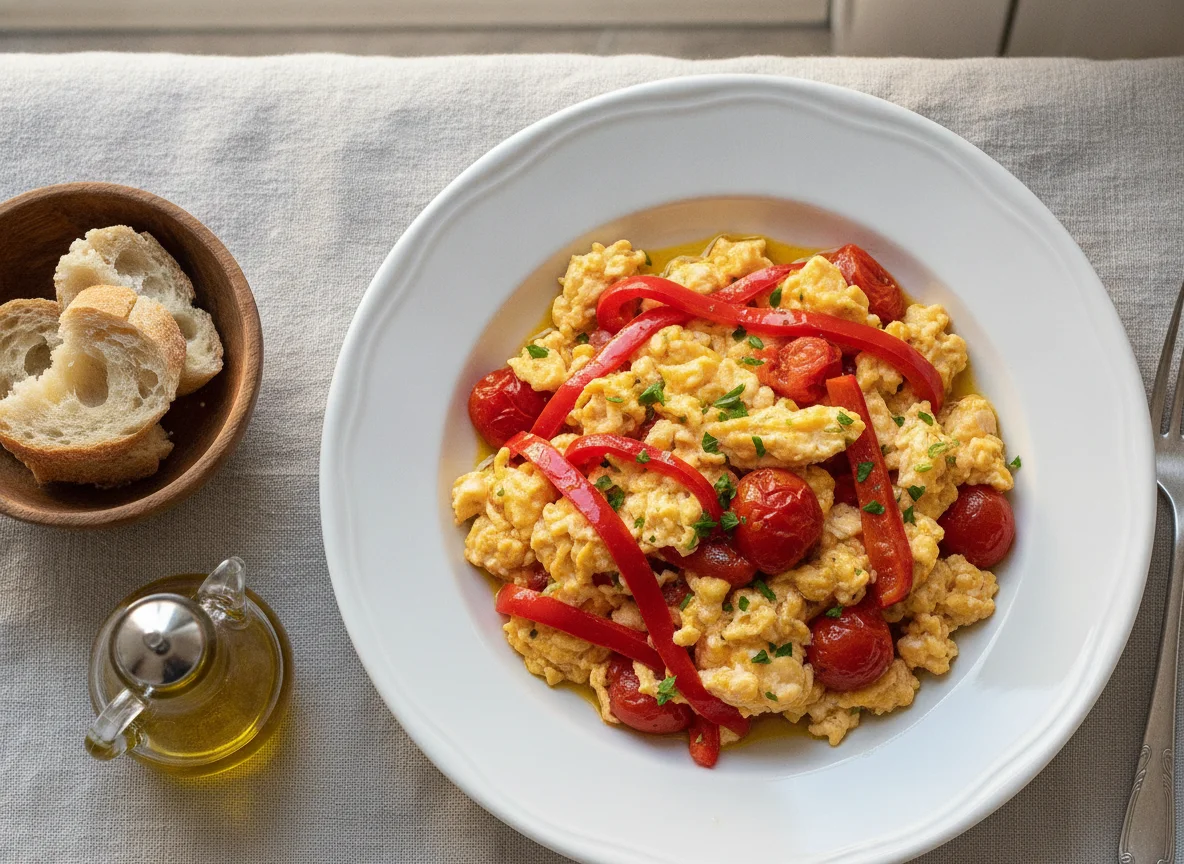 Huevos revueltos con tomate y pimiento photo