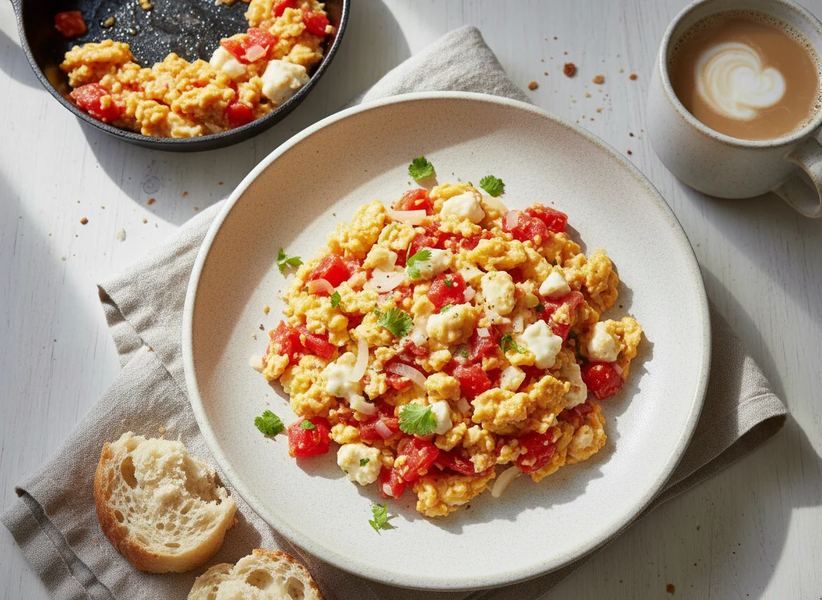 Huevos revueltos con tomate y queso photo