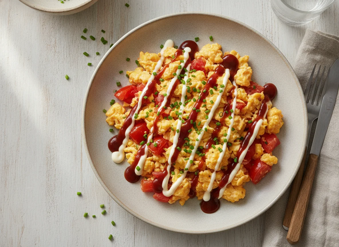 Huevos revueltos con tomate y salsas photo