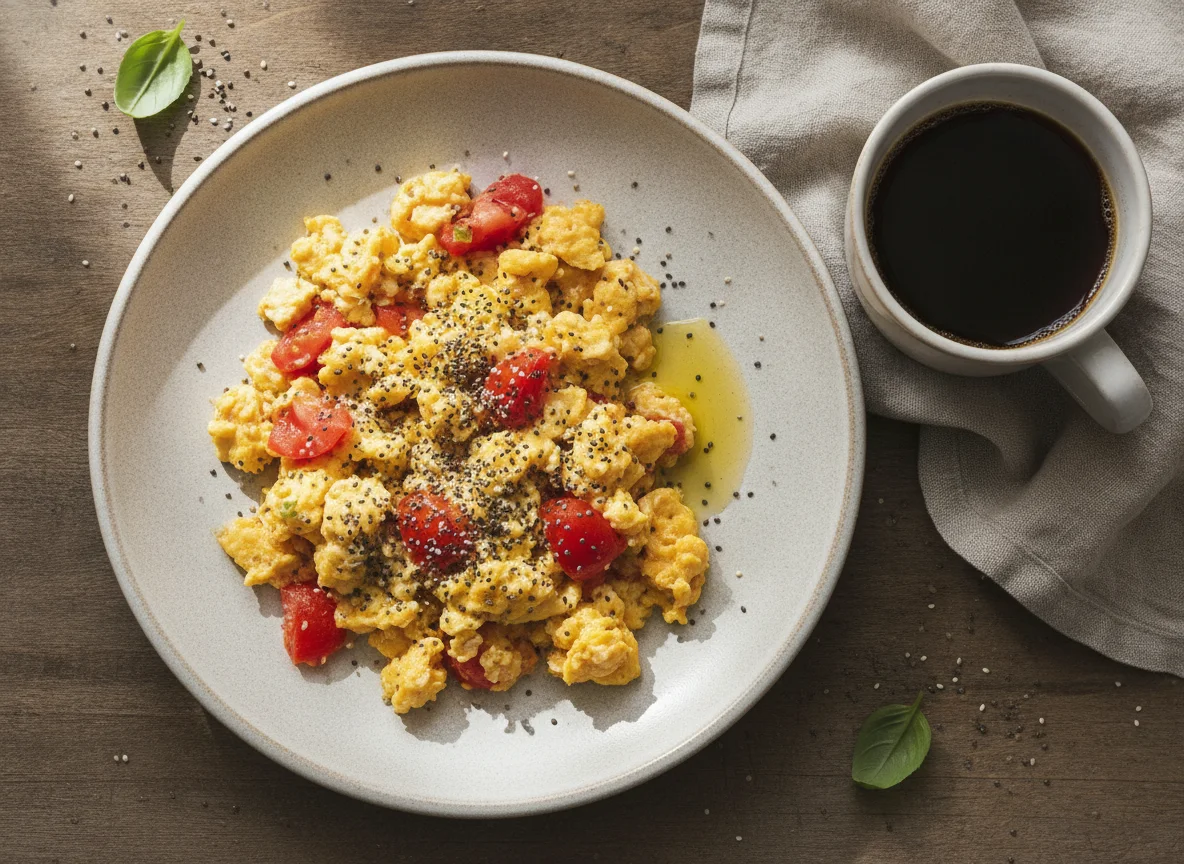 Huevos revueltos con tomate y semillas photo