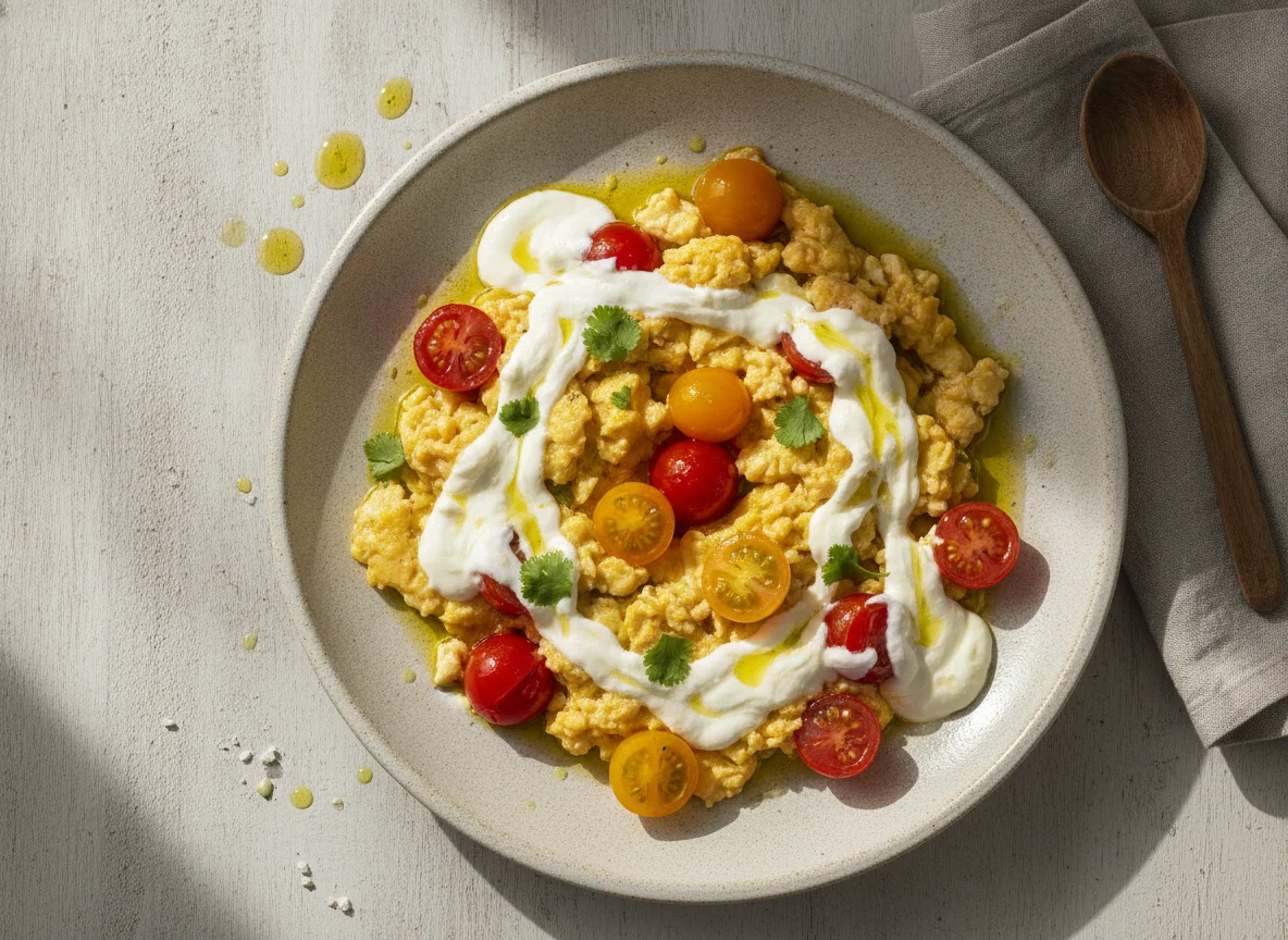 Huevos revueltos con tomates cherry y queso photo