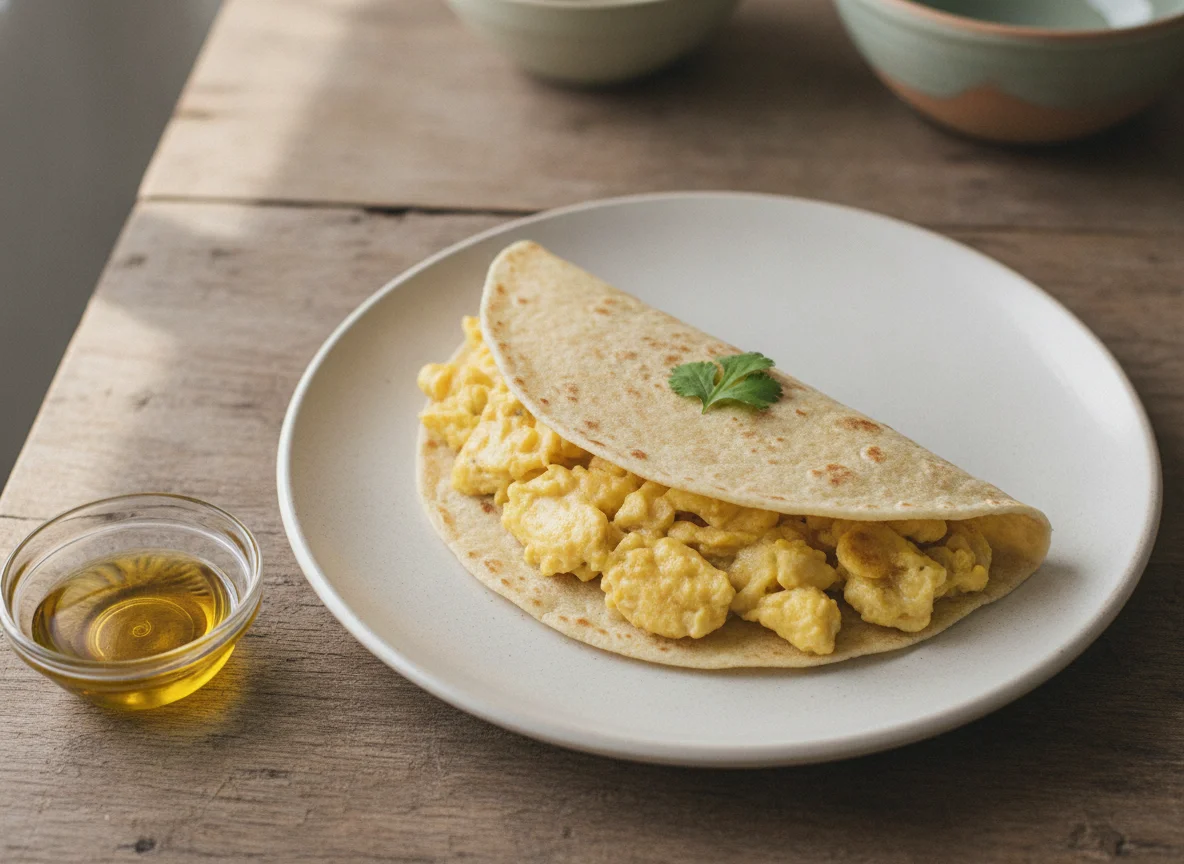 Huevos revueltos con tortilla de harina photo