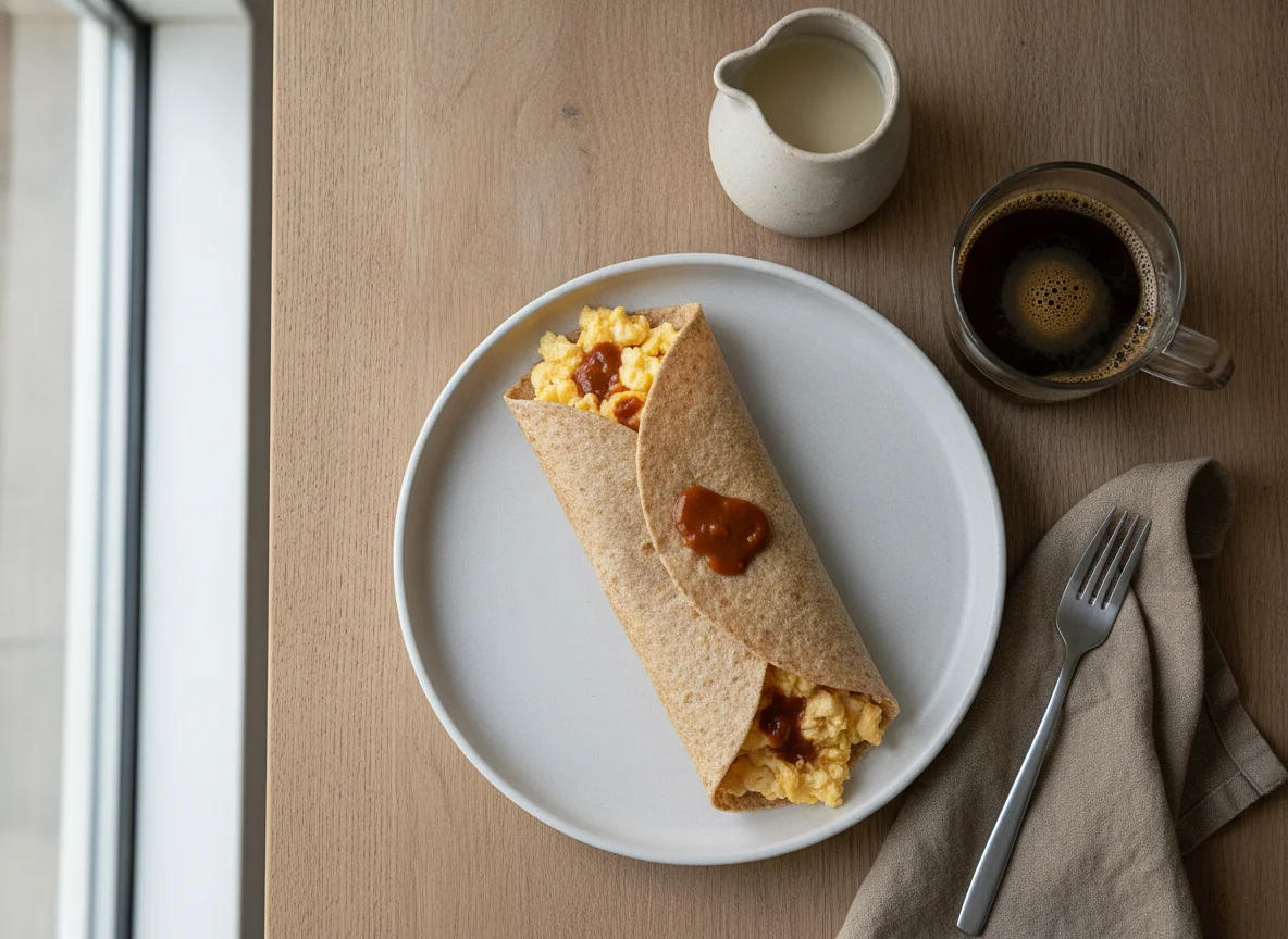 Huevos revueltos con tortilla integral y café con leche photo