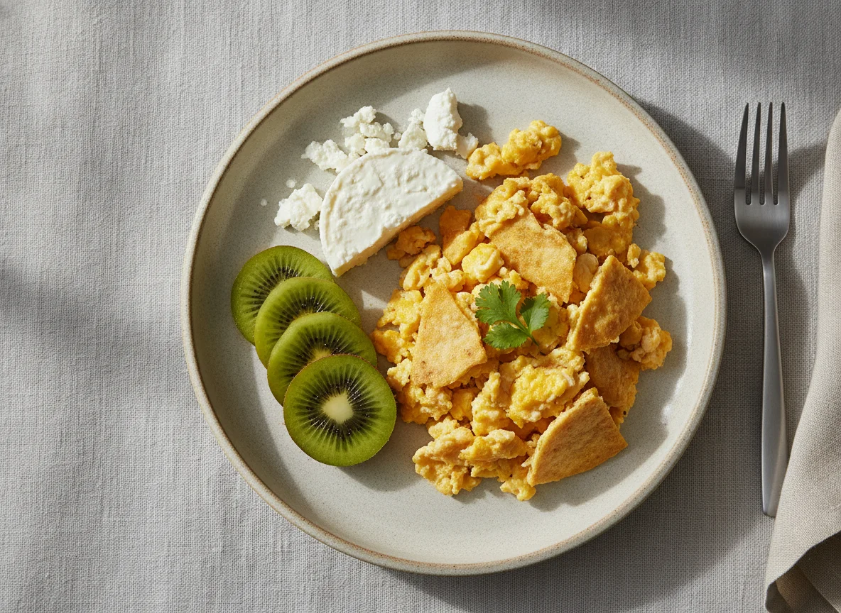 Huevos revueltos con tortilla, kiwi y queso fresco photo