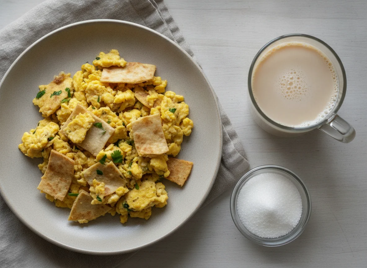Huevos revueltos con tortilla y café con leche photo