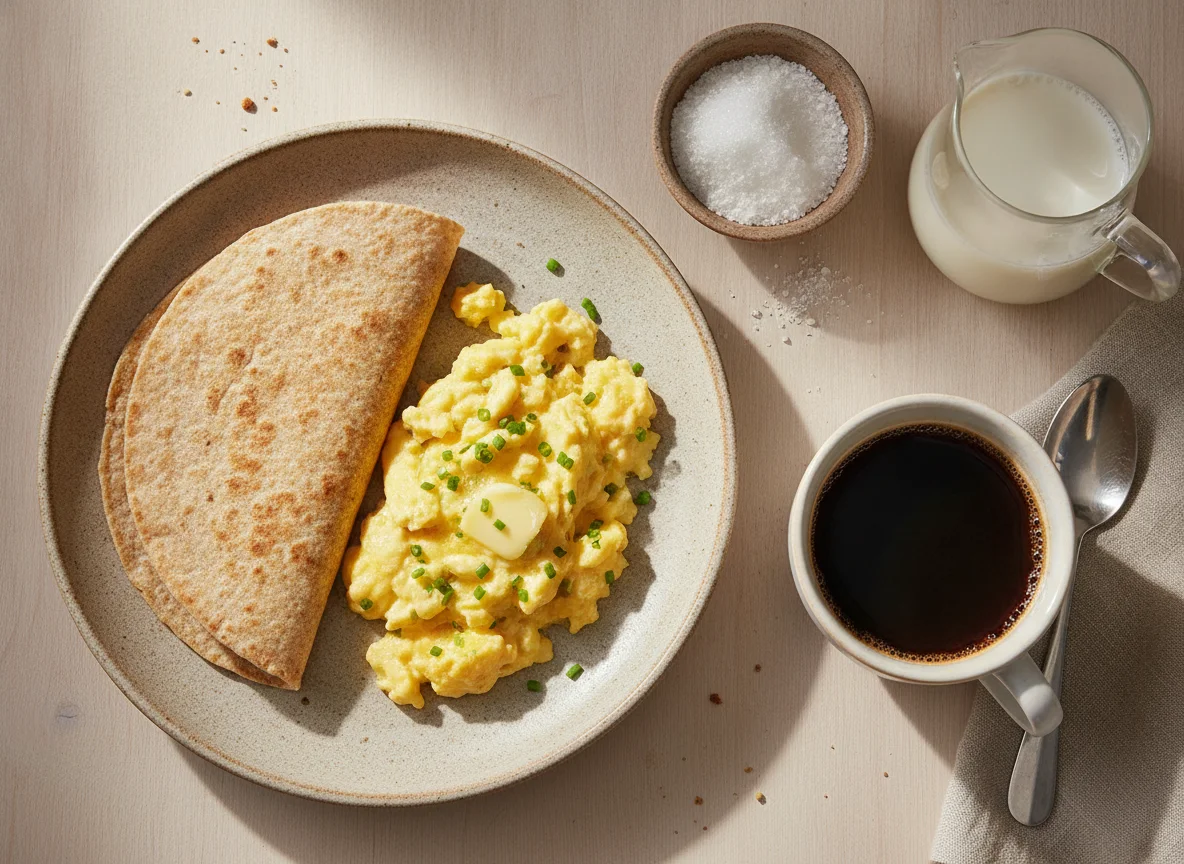 Huevos revueltos con tortilla y café photo
