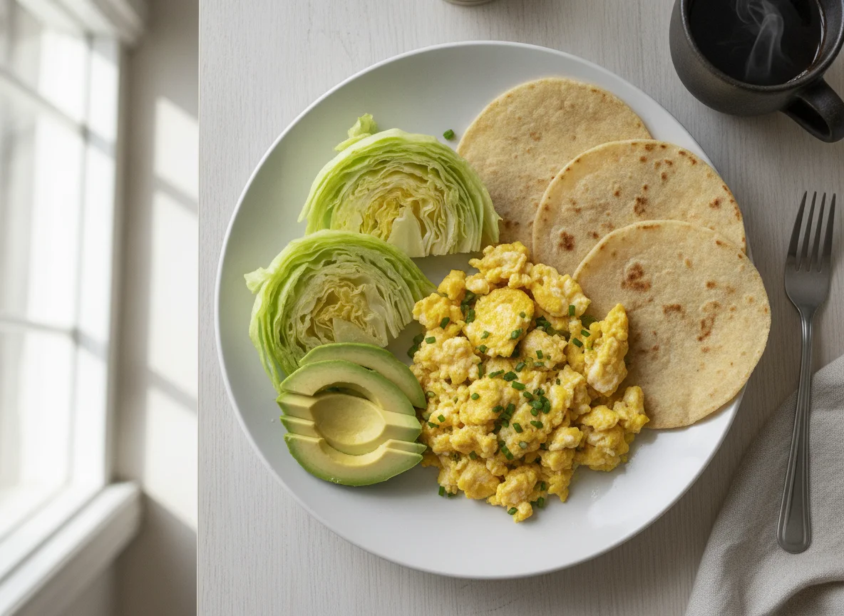 Huevos revueltos con tortillas, aguacate y lechuga photo
