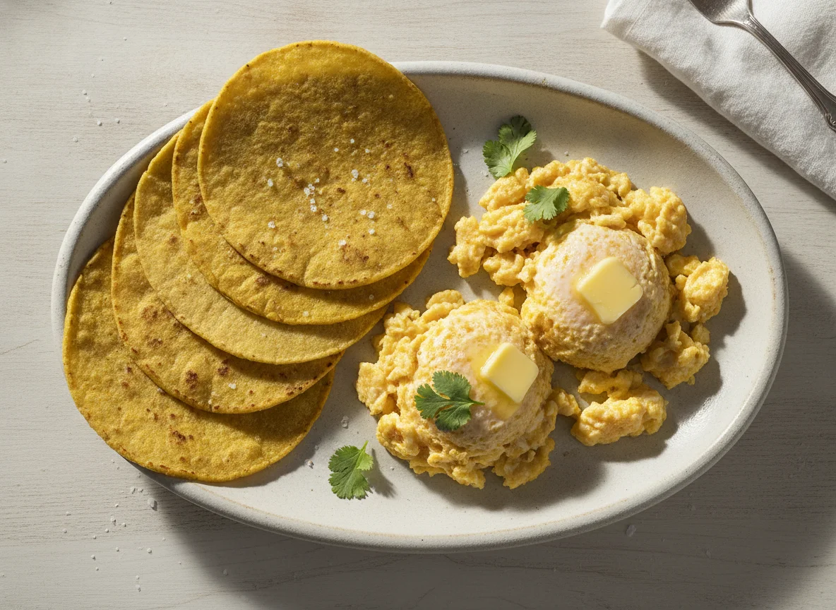 Huevos revueltos con tortillas de maíz photo