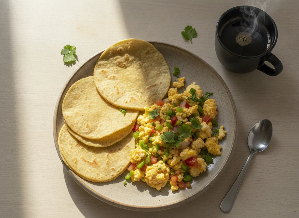 Huevos revueltos con tortillas y café photo