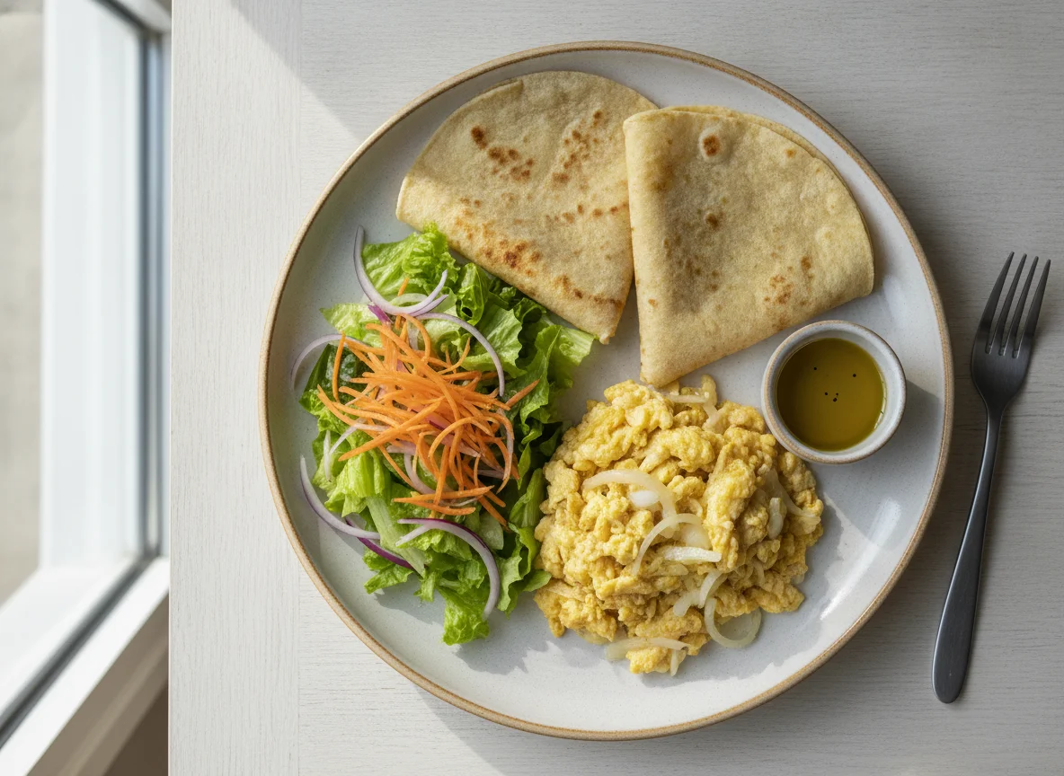 Huevos revueltos con tortillas y ensalada photo