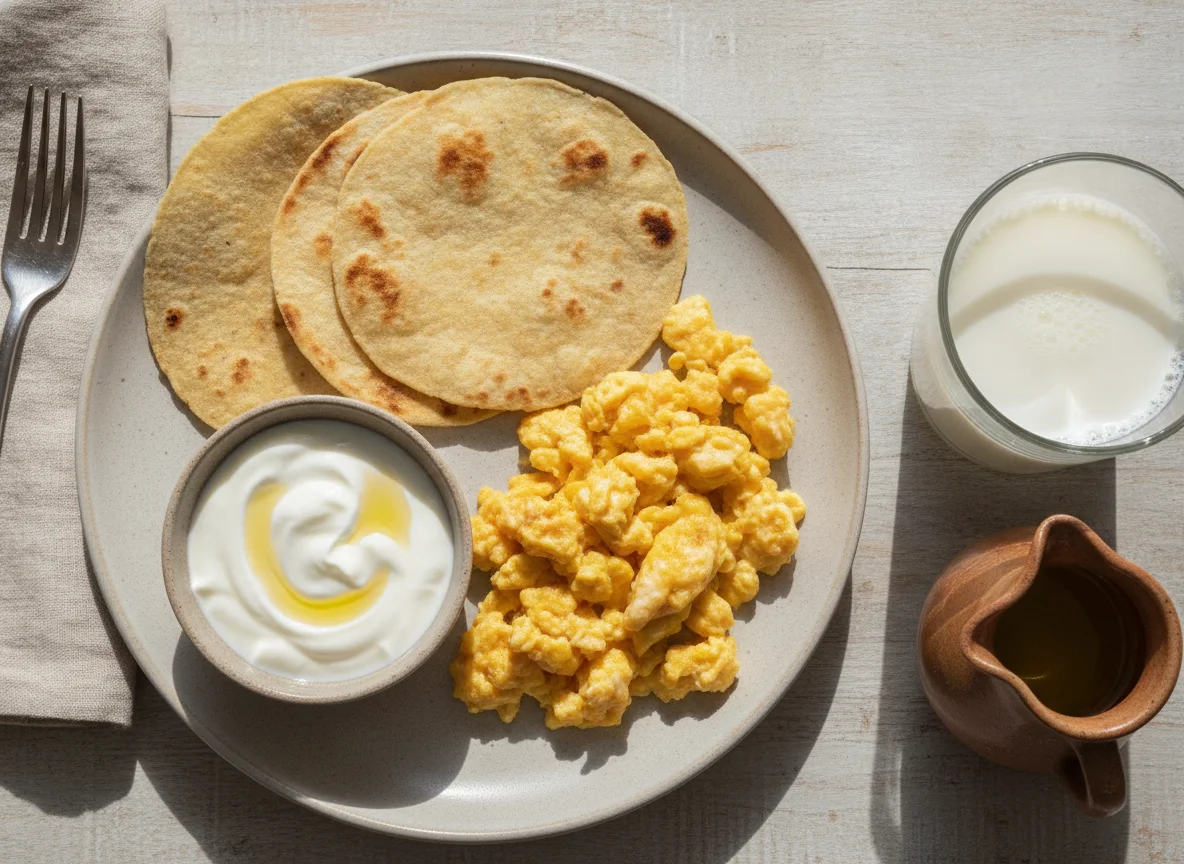 Huevos revueltos con tortillas, yogurt y bebida photo