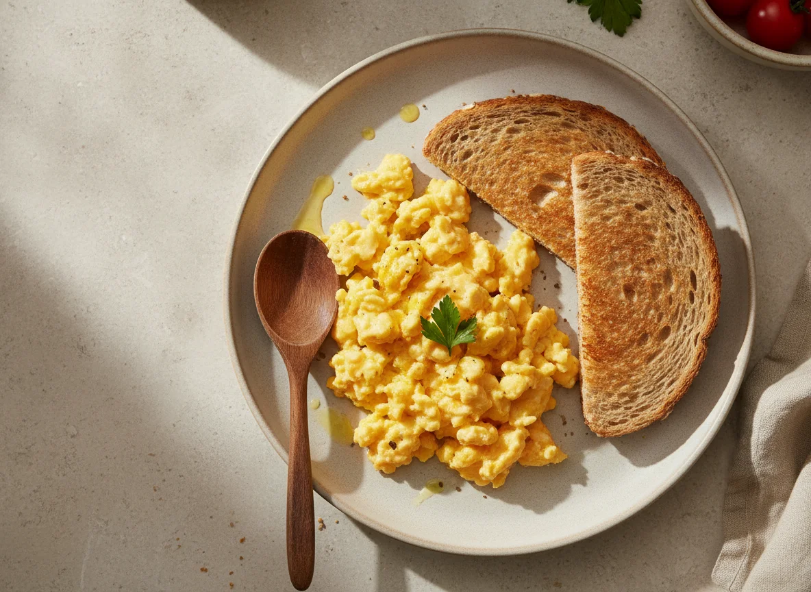 Huevos revueltos con tostada de pan integral photo