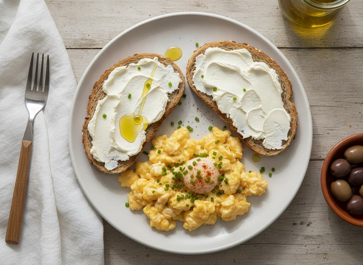 Huevos revueltos con tostada de queso crema photo