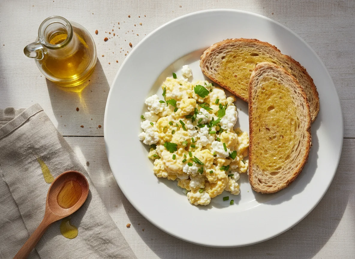 Huevos revueltos con tostadas de queso cottage photo