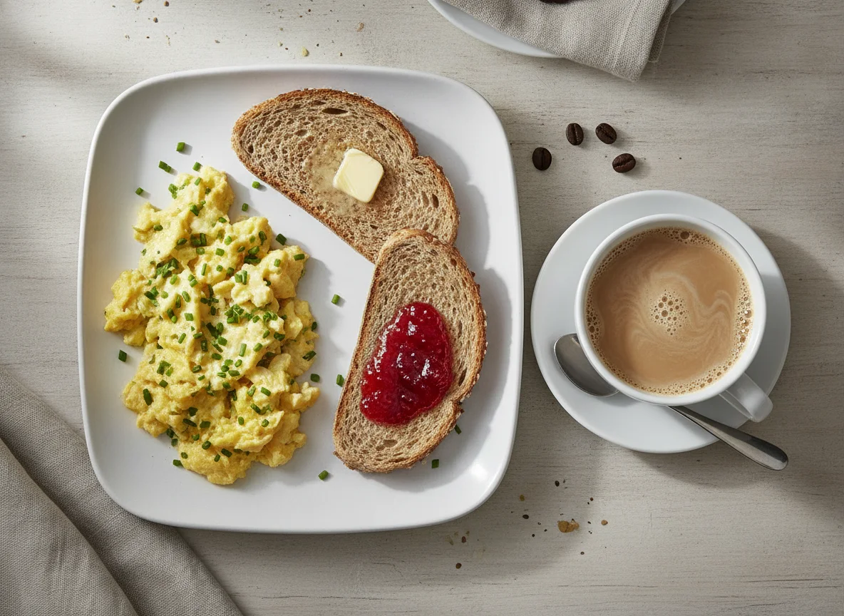 Huevos revueltos con tostadas y café con leche photo