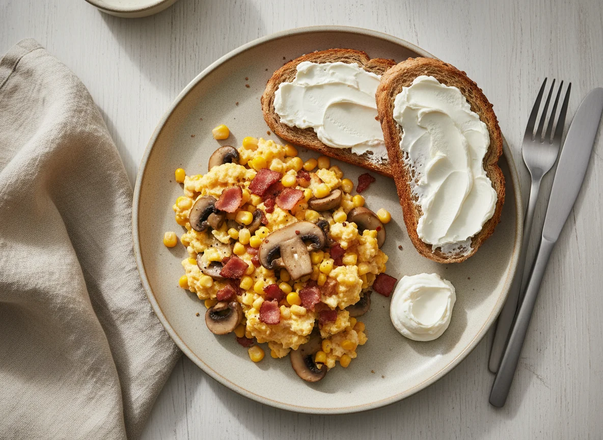 Huevos revueltos con tostadas y queso crema photo
