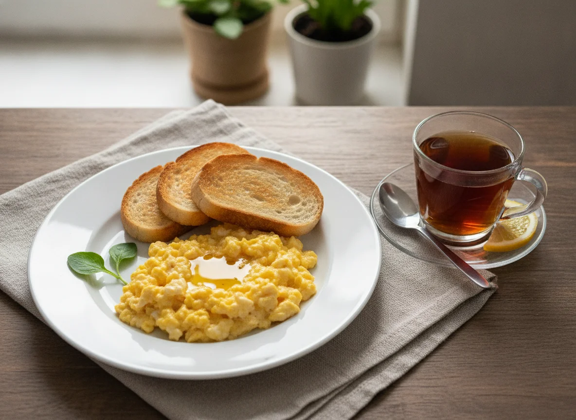 Huevos revueltos con tostadas y té photo