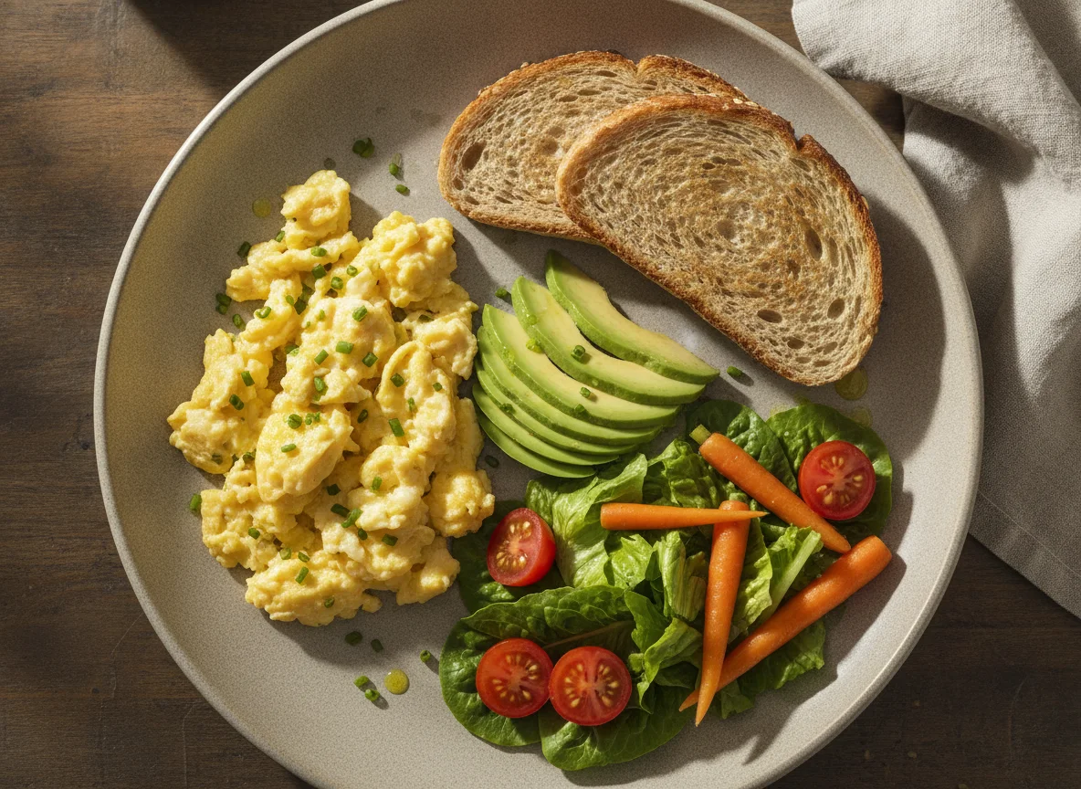 Huevos revueltos con tostadas y vegetales photo