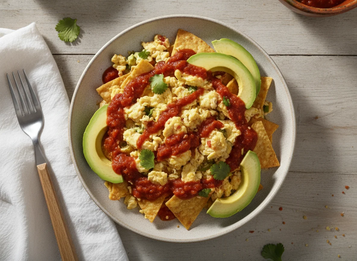Huevos revueltos con totopos y aguacate photo