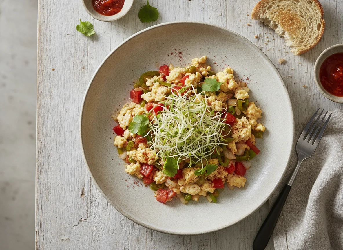 Huevos revueltos con vegetales y brotes de alfalfa photo