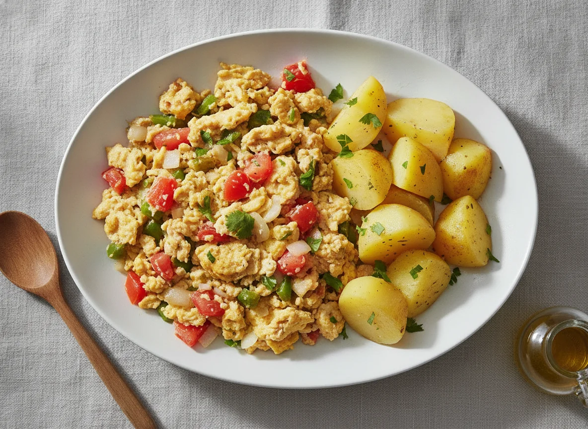 Huevos revueltos con vegetales y papa hervida photo