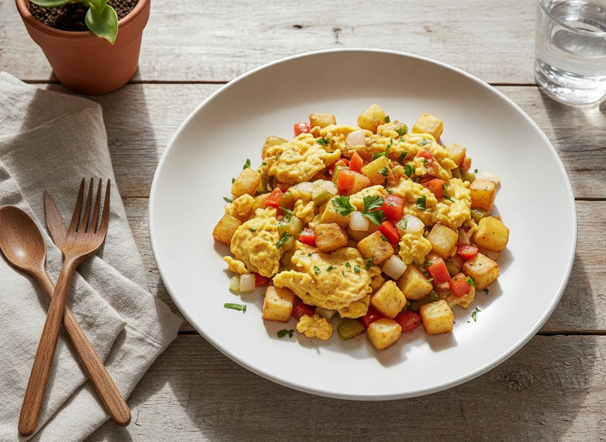 Huevos revueltos con vegetales y papas photo
